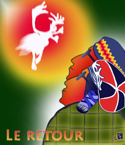 Deux personnes �g�es, un homme et une femme en costumes traditionnels, regardent un caribou venir vers eux comme s’il sortait du soleil.