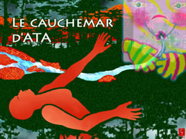 A female form is thrust into the Earth. She seems asleep, but her expression depicts horrible suffering. Behind her flows a spring of pure water that is sucked up by a strange being. He is made from a square in carnival colours. He looks like a big spoiled baby, greedy and insatiable.