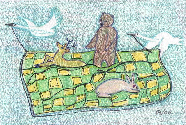 Un lapin, un ours et un cerf sont port�s par des oiseaux.