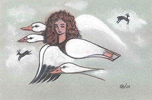 A woman's face surrounded by geese.