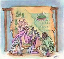 Three characters in front of a depiction of the arrival of White people in Qu�bec.