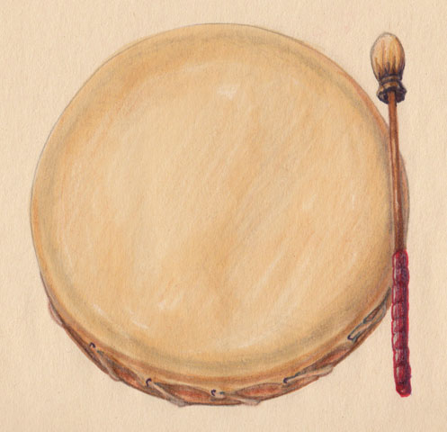 TAMBOUR (teueikan) : Cuir de couleur naturelle, tendu sur un cadre de bois circulaire et accompagn� d’un batteur avec embout en cuir et manche rouge.