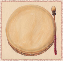 TAMBOUR (teueikan) : Cuir de couleur naturelle, tendu sur un cadre de bois circulaire et accompagn� d’un batteur avec embout en cuir et manche rouge.